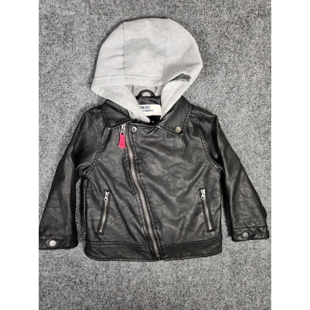 Genuine Kids OshKosh Toddler Faux Leather Moto Jacket Black Grey Hooded Coat 2T